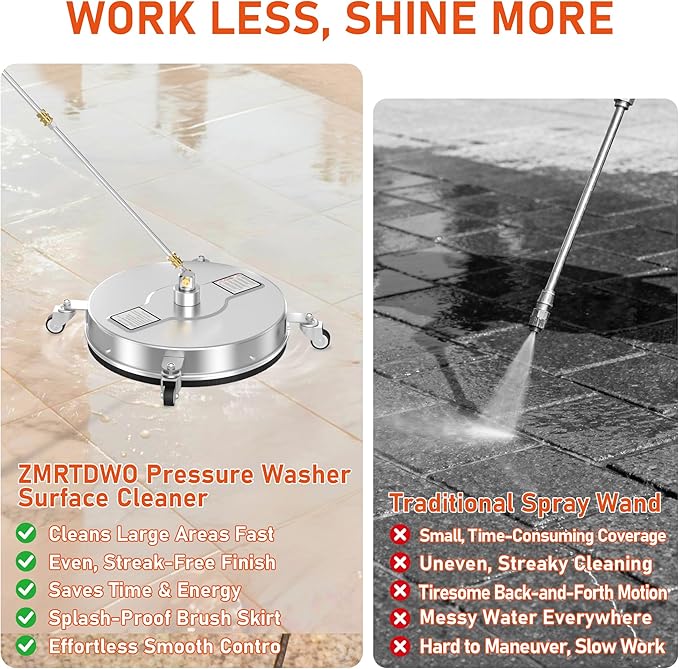 16.5" Pressure Washer Surface Cleaner with 4 Wheels, 4000 PSI Max Stainless Steel Surface Cleaner for Pressure Washer, 2 Extension Wands, 1/4" Quick Plug, for Concrete, Patio, Sidewalk, Deck