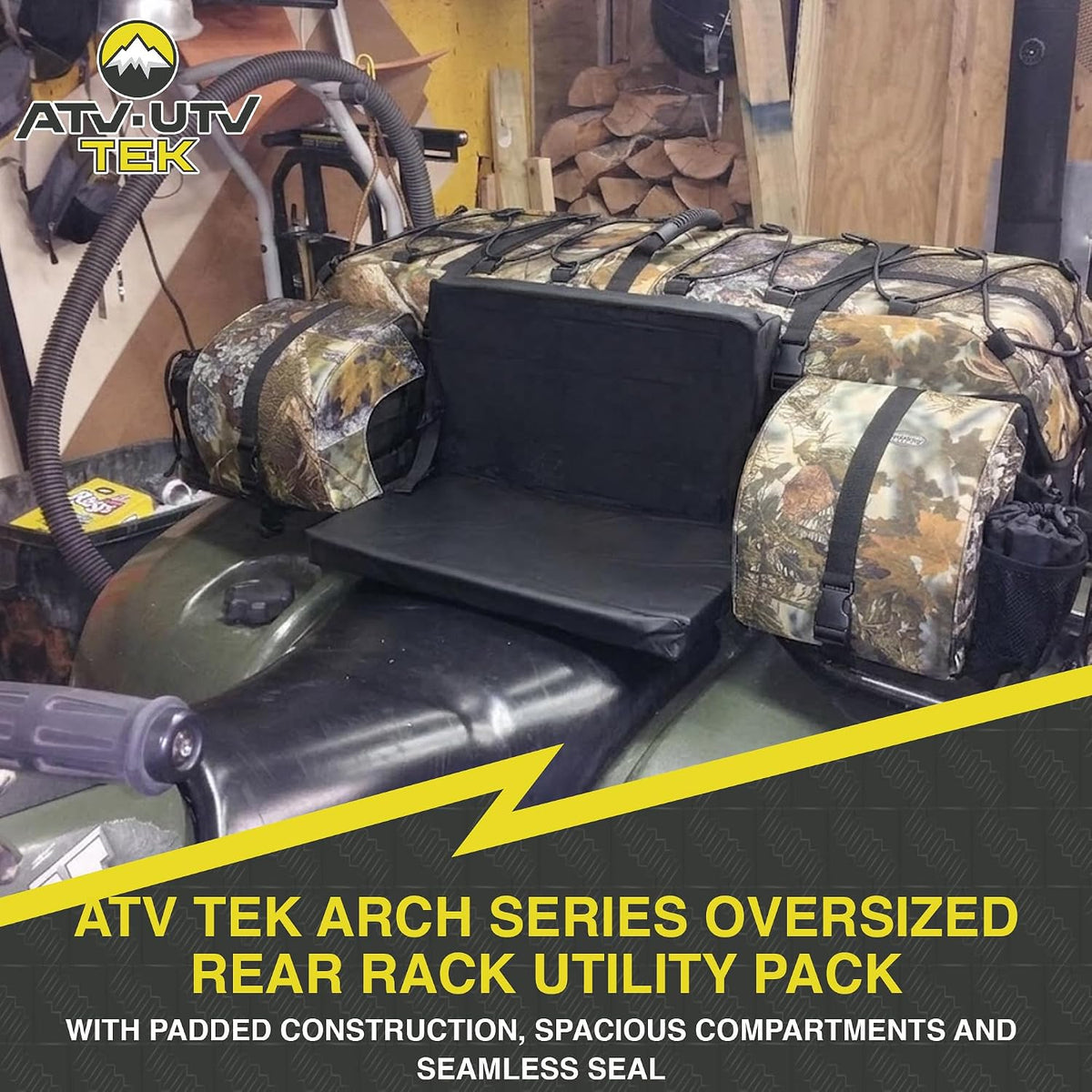 ATV TEK Arch Series Oversized Rear Rack Utility Pack, Padded ATV Cargo Bag in Kings Mountain Shadow Camo, Spacious Multi-Compartment ATV Storage Bag with Seamless Seal for Gear and Trail Essentials.