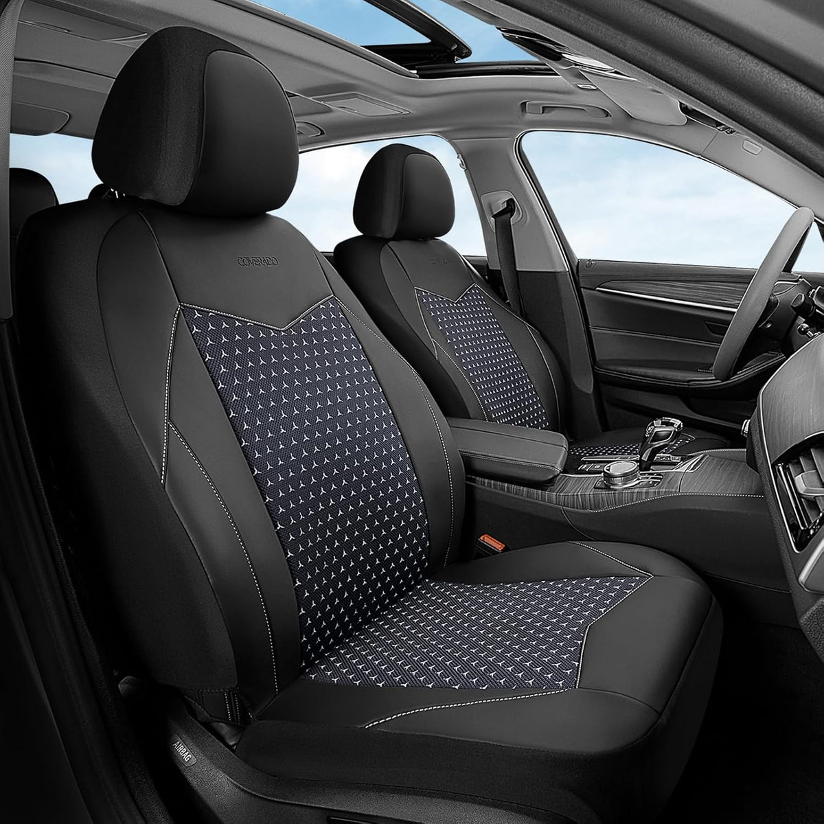 Coverado Front Seat Covers, 2-Pack Luxury Leather Car Seat Cover with Carbon Fiber Weave, Waterproof Car Seat Protectors, Spill-Proof Car Seat Cushion, Beige Seat Covers Universal Fit for Most Cars