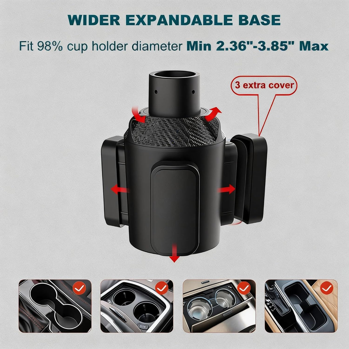 Car Cup Holder Expander, Adjustable 2.95"-5.5" for 10-64oz Bottles, Expandable Base with Anti-Slip Pads