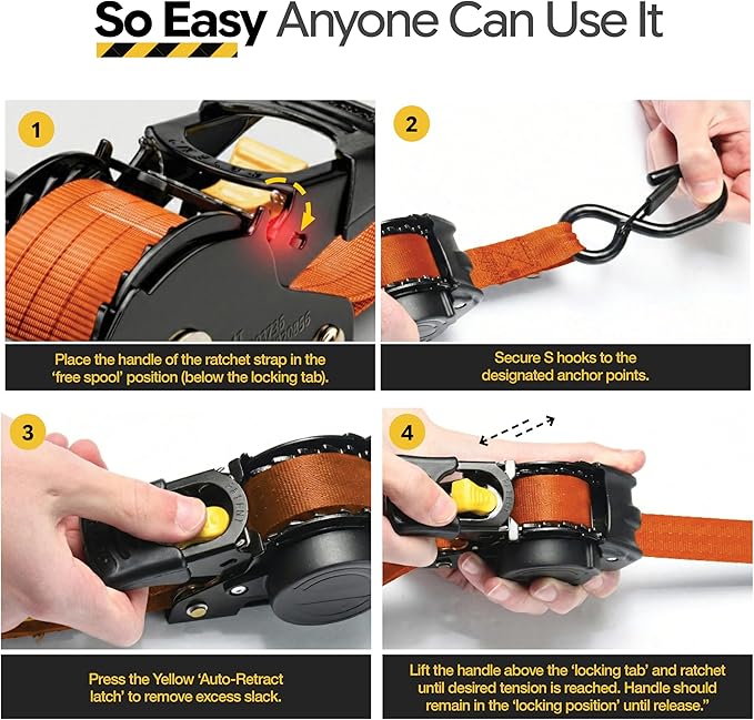 AUGO Retractable Ratchet Straps | 4 Heavy Duty Self Retractable Tie Down Straps with Soft Loops & Storage Bag for Motorcycle, Truck, Trailer, Cargo Van | 1200 Lb Break Strength 1' x 10'
