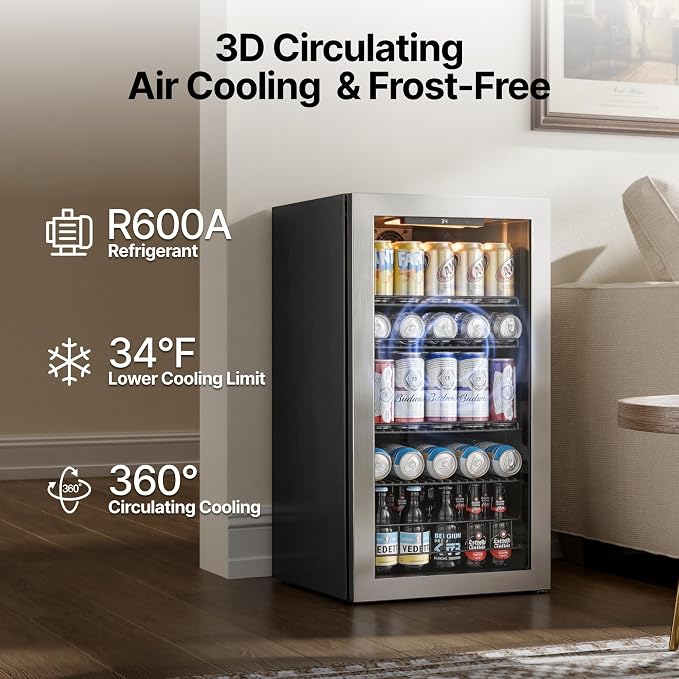 Ca'Lefort 105 Cans Mini Fridge, Beverage Refrigerator Cooler for Drink/Beer | 3.1 Cu.ft, Low-noise, Reversible Glass Door, 3-Color LED Lighting, Adjustable Shelves, 34℉ to 54℉