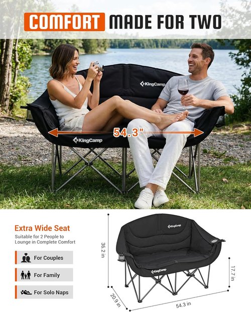 KingCamp Double Camping Chair - Oversized Heavy Duty 660lbs Loveseat for 2 | Portable Folding Couch with Cup Holder - Black