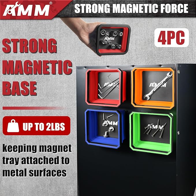 AMM Magnetic Tray, 4 PC Foldable Magnetic Tool Tray Set for Bolts Screws Nuts & Small Metal Parts, Mechanic Tool Present for Men, Red, Blue, Orange, Green, 4.5 Inch Square (4PC, Colorful)