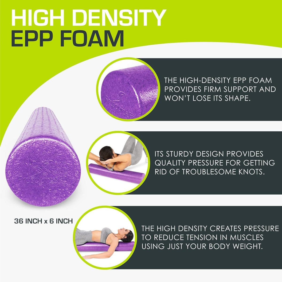 ProsourceFit High Density Foam Roller - 36 Inches Long | Firm Athletic Massage Tool for Back Stretching & Recovery, Purple