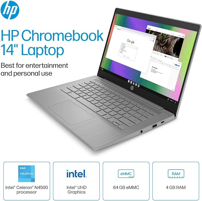 HP 14" Laptop 2026 Student Business, Intel N4500 CPU, 4GB RAM | Copilot AI, Ultra-Portable, Long Battery Life, Fast Charge, Webcam, WiFi 6, Chrome OS for Everyday Use, Gray