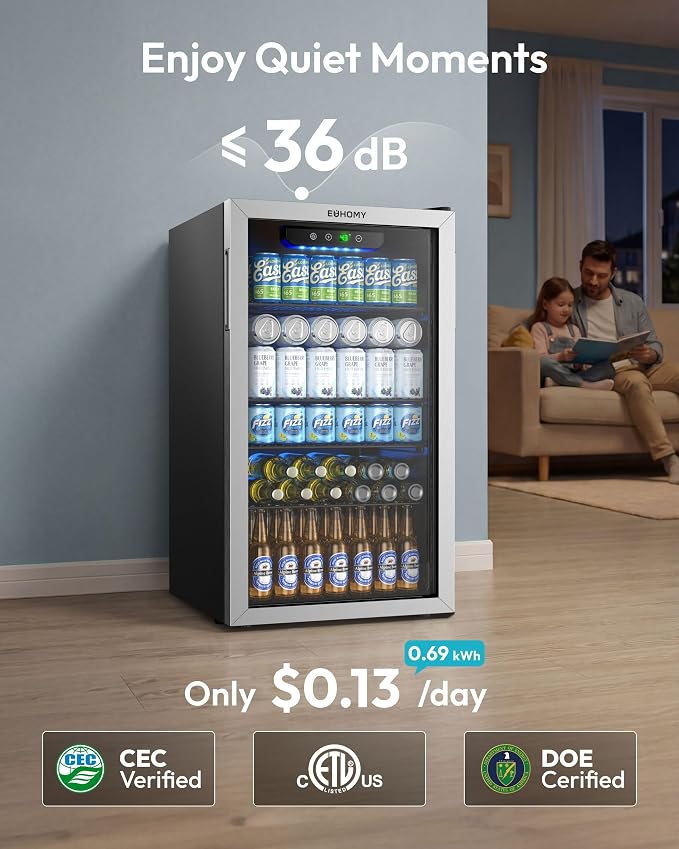 EUHOMY Beverage Refrigerator and Cooler, 128 Can Mini fridge with Glass Door, Small Refrigerator with Removable Shelves for Soda Beer or Wine, Perfect for Home/Bar/Office, Silver