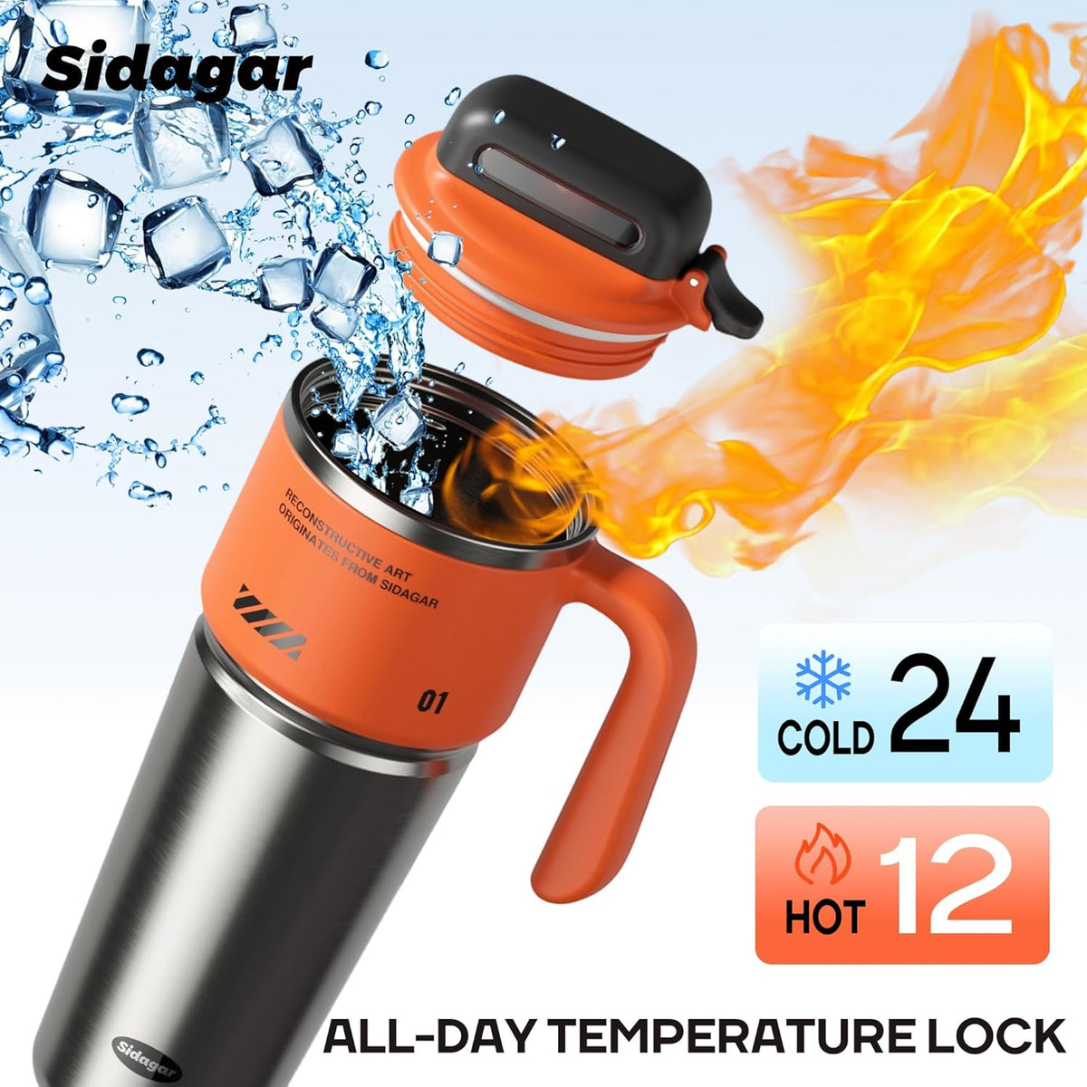 Skiennix 32 oz Stainless Steel Insulated Water Bottle - Leak-Proof Travel Cup with Handle | Dynamic Orange