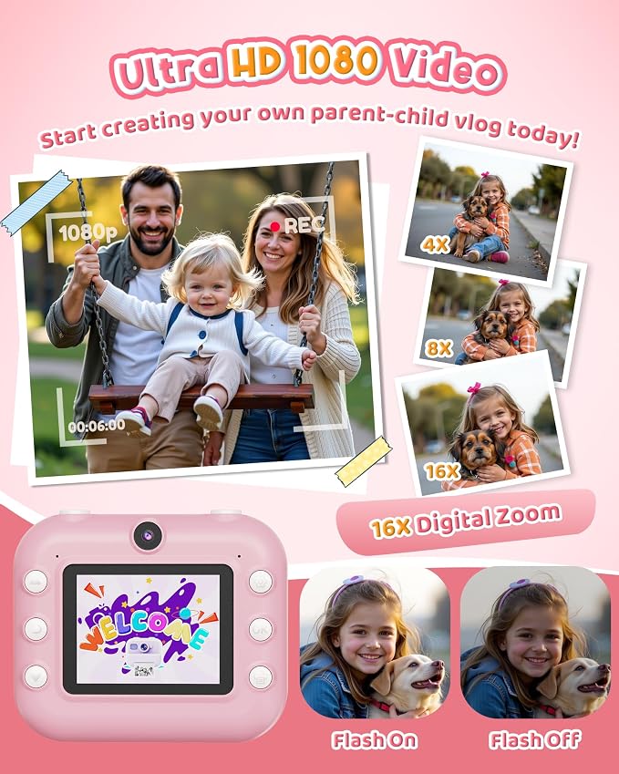Instant Camera, Front Rear Dual Selfie Kids Camera