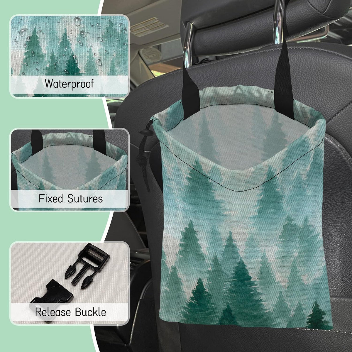 Foggy Forest Car Garbage Bag,Watercolor Forest Waterproof Small Car Trash Bag Hanging Back of Seat,Drawstring Hanging Car Trash Bag with Adjustable Buckle for Car Accessories