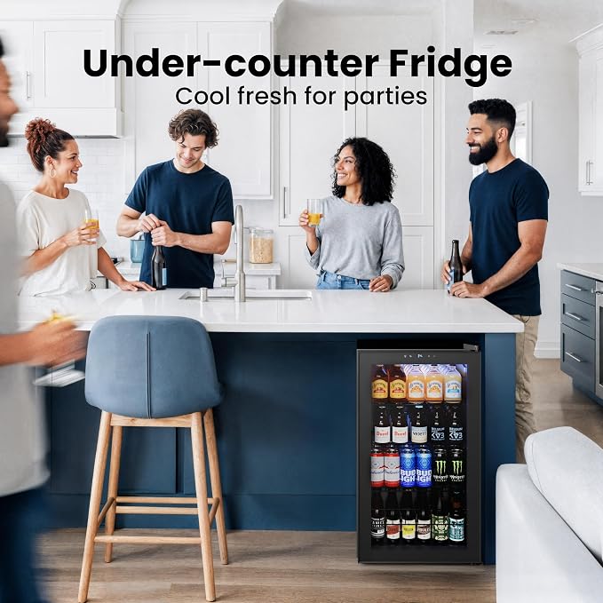 Yeego Beverage Refrigerator, 130 Can Mini Fridge with Glass Door, Adjustable Shelves, Digital Temperature Control 34°F-54°F, Drink Cooler for Soda, Beer and Wine, Freestanding or Under Counter, Black