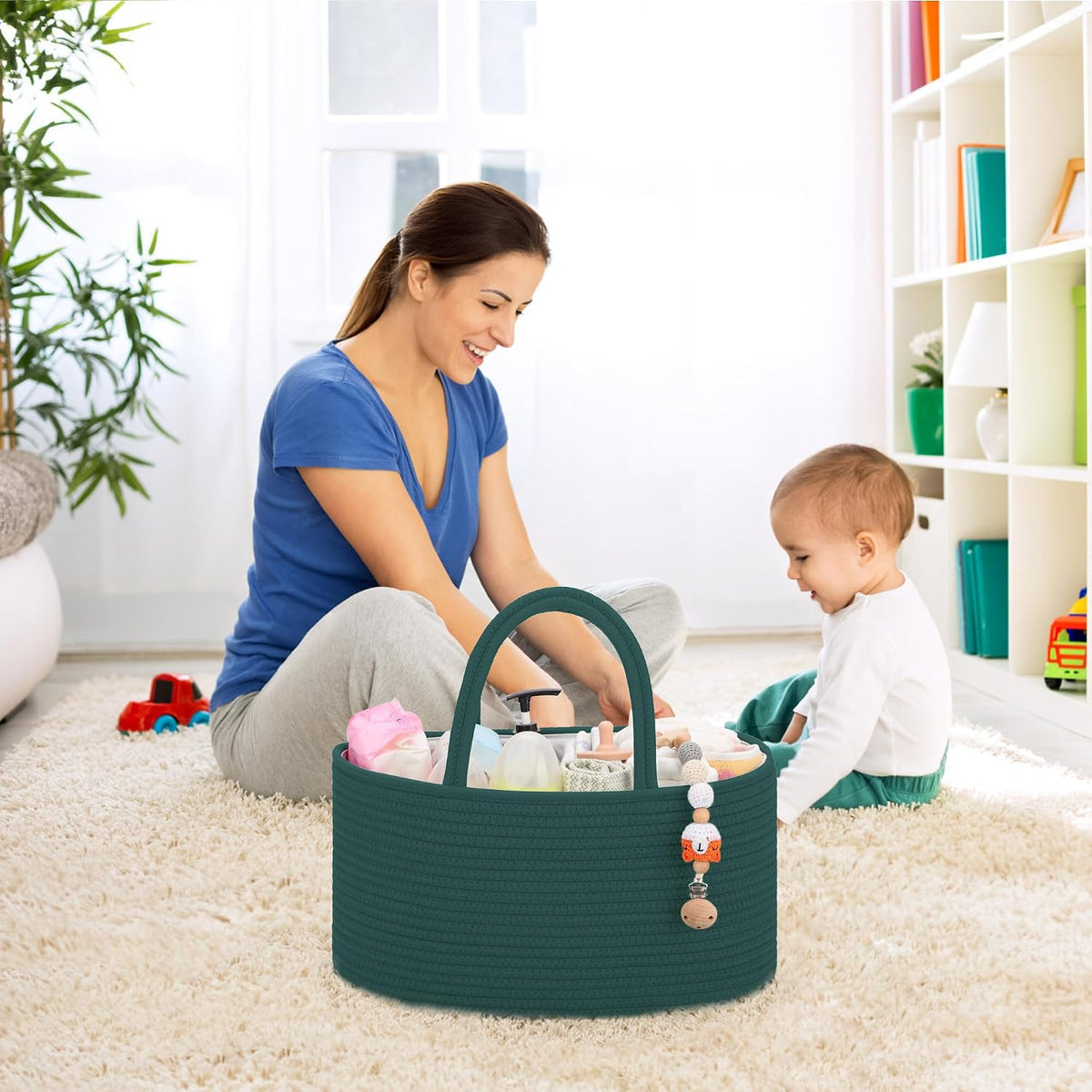 COMSE Baby Diaper Caddy Organizer, Car Caddy, Diaper Change Organizer, Gift Baskets Empty, Portable Tote Bag with Divider, Baby Shower Gifts Newborn Essentials Registry Must Have, Dark Green