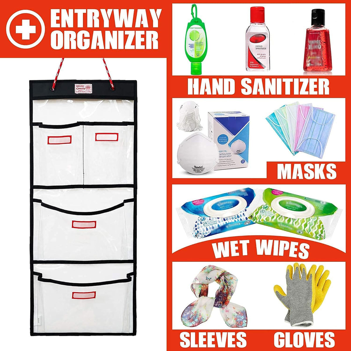 Rough Enough Locker Organizer Hanging Accessories Storage Organization with 4 Pockets for Work Door Gym Wall Clear PVC
