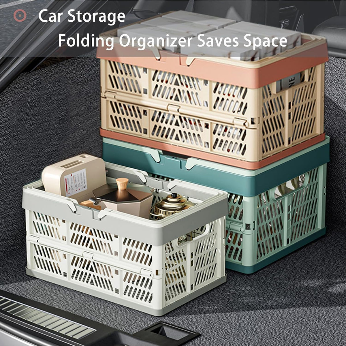 Collapsible Plastic Storage Crate - 20L Folding Organizer Basket Portable Stacking Storage Crate Bin with Handle, for Camping, Picnic, Car Trunk, Home Storage (Gray, M)