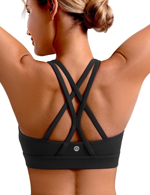 ENERBLOOM Sports Bras for Women Padded Criss Cross Back Yoga Top Medium Support Strappy Workout Tank Removable Cups Black Medium