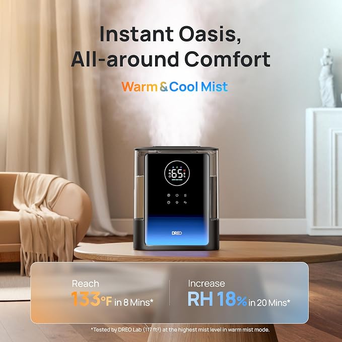 DREO 8L Smart Humidifiers for Bedroom 600ft², 80H Runtime Warm&Cool Supersized Mist Humidifier for Large Room Indoor, Quiet Whole House humidifier for Baby, Plants, with Alexa/Google, Black, HM717S