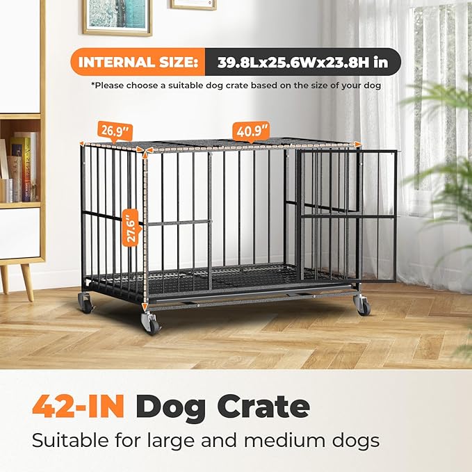 42 Inch Heavy Duty Dog Crate Steel Escape Proof,Indoor Double Door High Anxiety Cage, Removable Tray, Kennel with Wheels,XL XXL