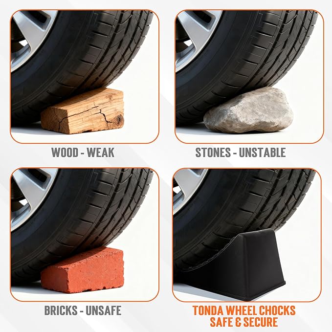 TONDA Wheel Chocks, Heavy Duty Wheel Wedge for Car, Travel Trailer, RV - 8"×4.7"×4.7" - 2 Pack, Black