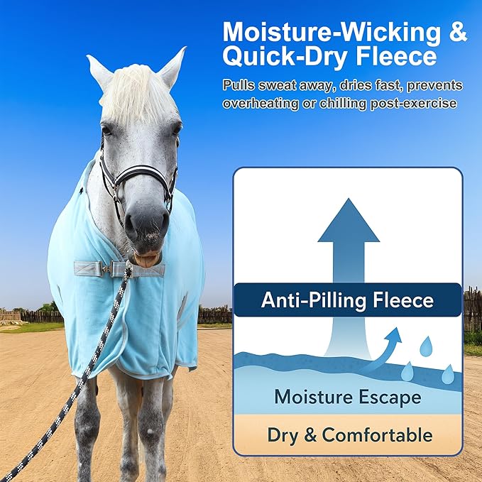 Horse Fleece Cooler, Blanket Liner - 300g Anti-Pilling Fleece, Moisture-Wicking, Cooling & Drying for Post-Workout, Bath & Travel, Prevent Overheating & Chilling Lightblue 69