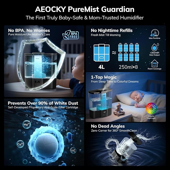 Geek-Level Aeocky Humidifier for Baby, Quiet Ultrasonic Humidifiers for Bedroom, Nursery with Ambient Light, 4L Top-Fill Cool Mist Diffuser with Timer, Sleep, Auto, Constant Humidity Mode (Black)