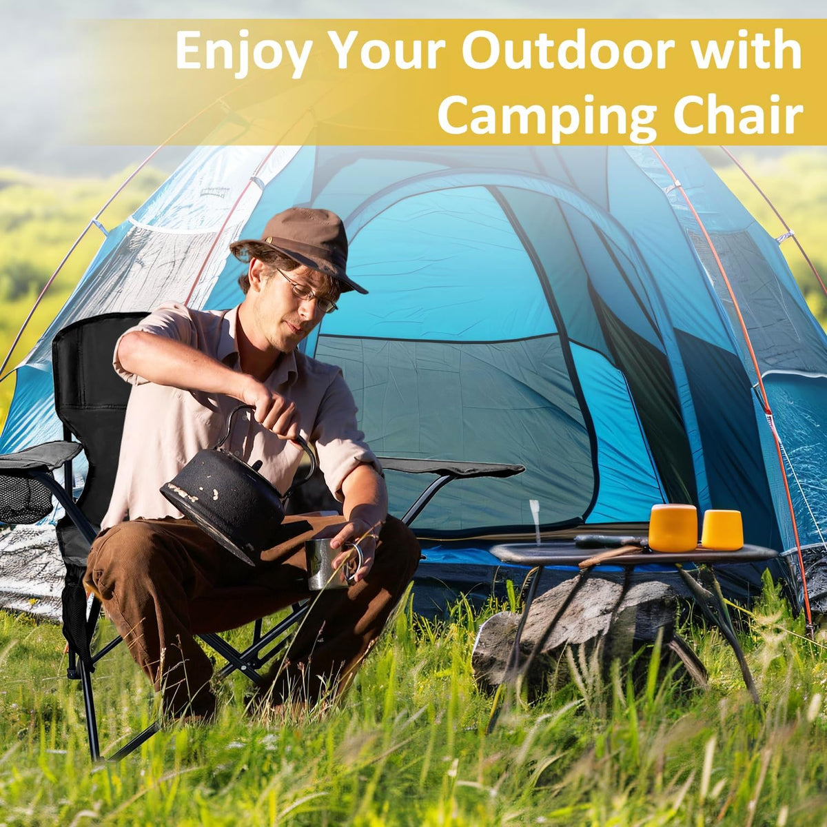 Skiennix Folding Camping Chair - Portable High Back Outdoor Chair with Cup Holder & Storage Bag | Supports 300lbs, Black