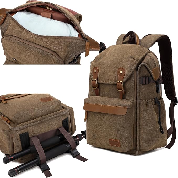 Vintage Canvas Camera Backpack for DSLR/Mirrorless & Drone, Waterproof