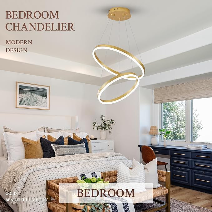 Modern LED Chandelier Gold 2-Rings Pendant Light Circular Flush Mount Ceiling