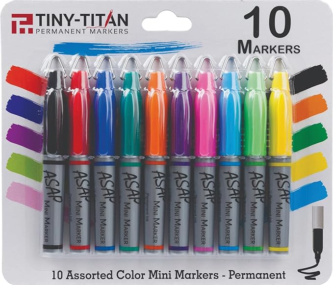 Tiny-Titan Mini Markers - Keychain Clip, Golf Ball Marker, Clip On Nurse's Badge - Fine Point - Assorted 10 Colors - 10 Pens Per Pack