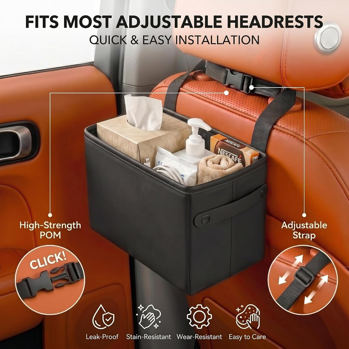 Car Seat Back Organizer, Hanging Leather Storage Caddy Kids, Black