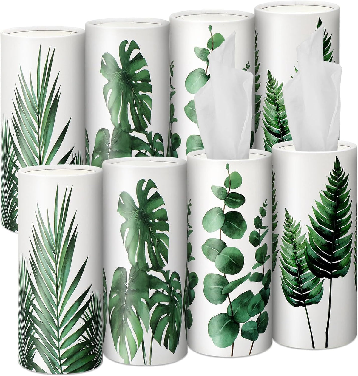 Zonon 8 Pcs Greenery Car Tissue Cylinder with 3-ply Facial Tissue Bulk Round Tissues Holder Box Spring Travel Cylinders Tubes for Car Decoration with 50 Sheets for Cup Holder Round Container