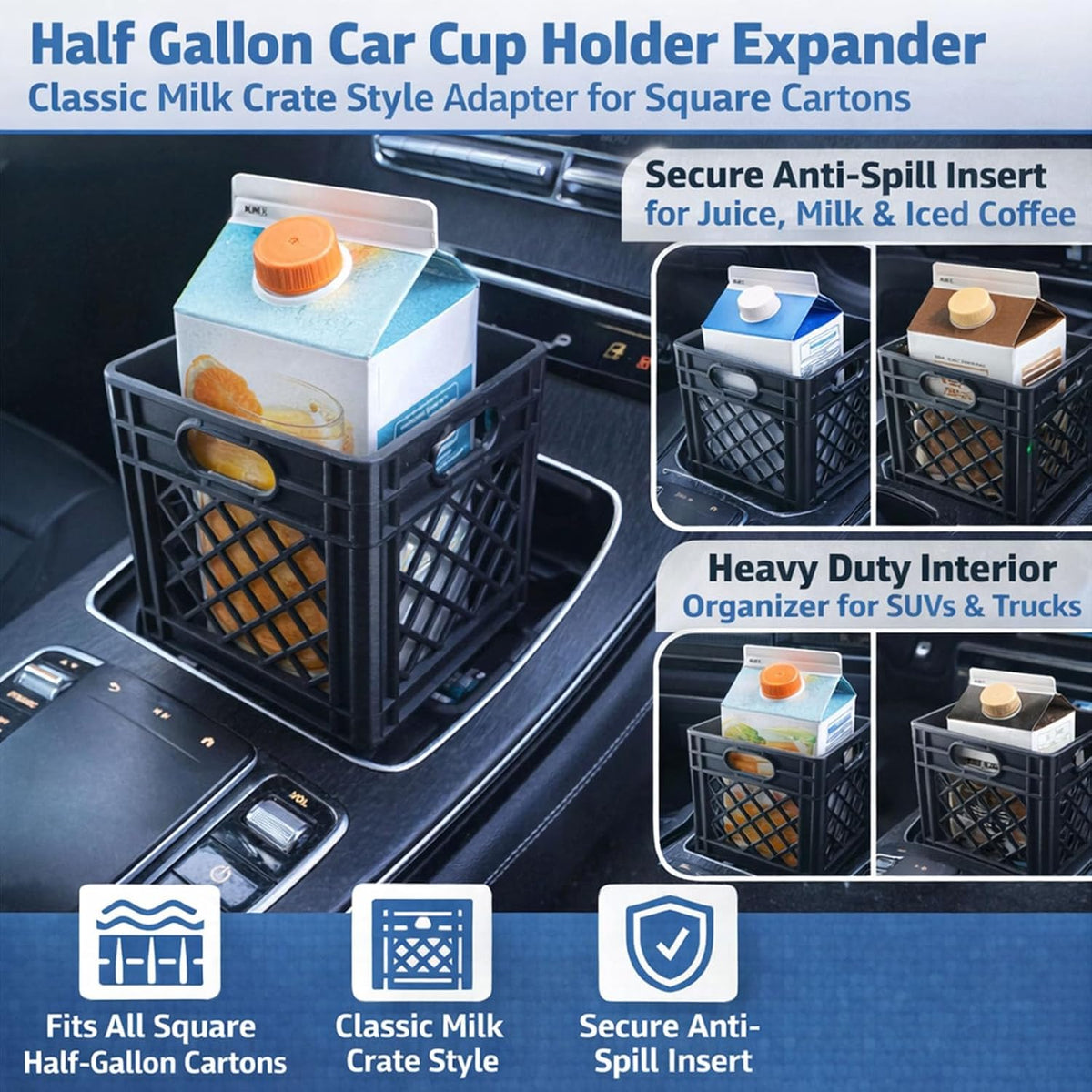 Half Gallon Car Cup Holder Expander - Classic Milk Crate Style Adapter for Square Cartons, Secure Anti-Spill Insert for Juice, Milk & Iced Coffee, Heavy Duty Interior Organizer for SUVs & Trucks