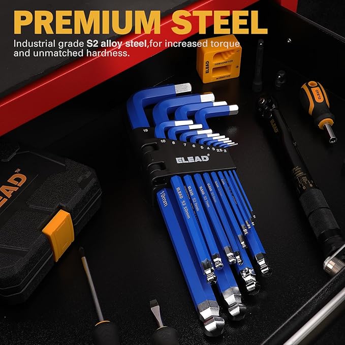 ELEAD Jumbo Hex Key Allen Wrench Set | 13-Piece Metric 2-19mm | Long Ball End Durable S2 | 4" - 13.5" Long | Automotive | Mechanic | Furniture | Professional Grade Tools