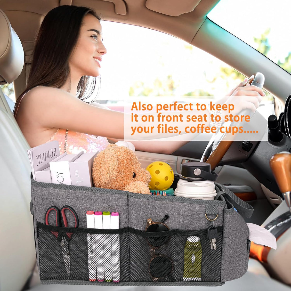 HEYSKAY Car Organizer with Tissue Box, Coffee Cup Drink Holder, Toy Books Storage for Car (Grey)