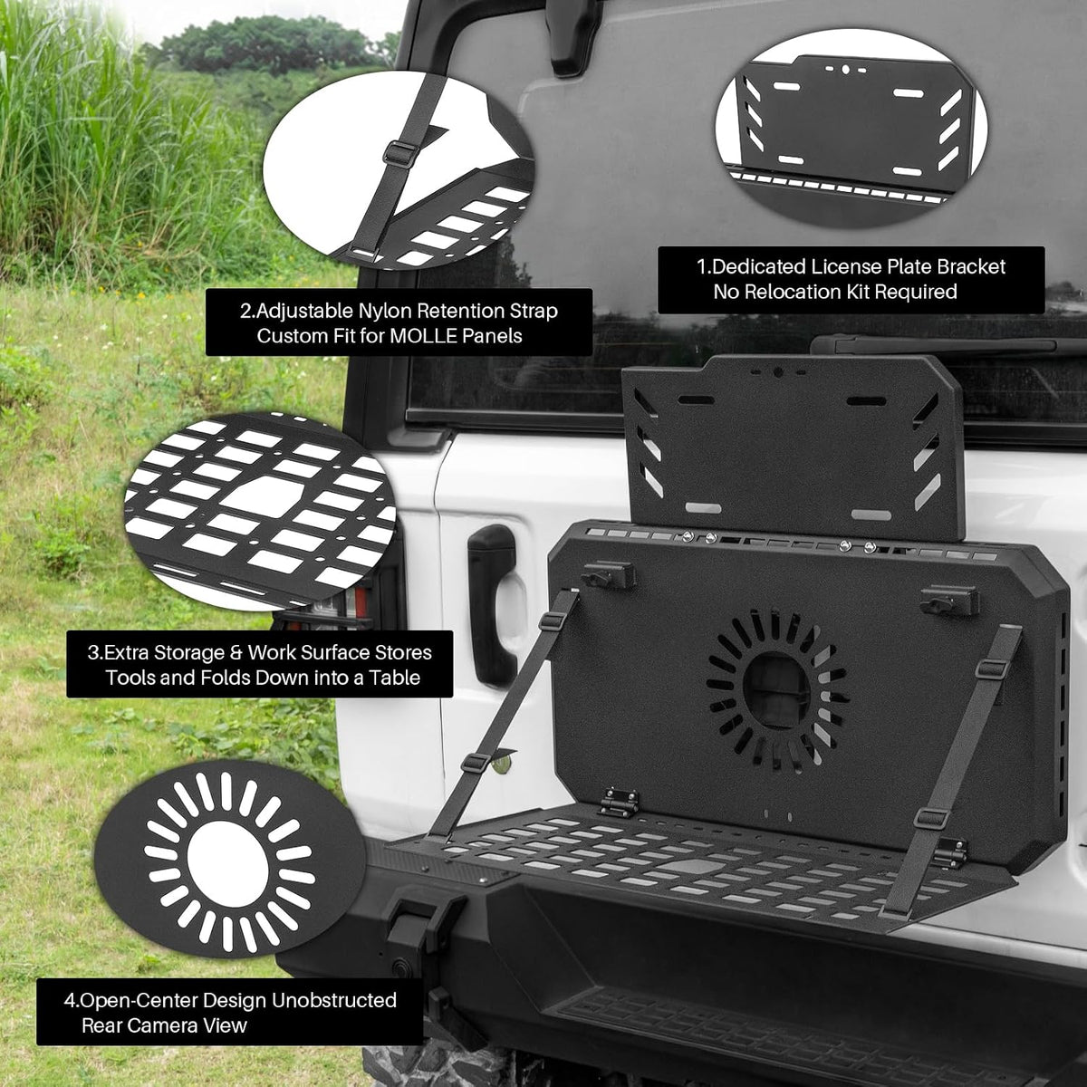 Spare Tire MOLLE Panel Modular Storage System for Jeep Wrangler JL JK & Ford Bronco (Excludes Sport Models), Heavy-Duty Metal Foldable Tailgate Table, Car Storage Organizer Panel Accessories