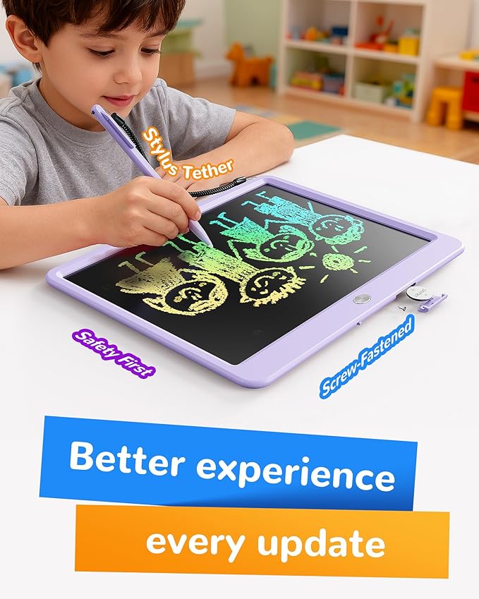 KOKODI LCD Writing Tablet, 12 Inch Colorful Toddler Doodle Board Drawing Tablet, Erasable Reusable Electronic Drawing Pads, Educational and Learning Toy for 3-6 Years Old Boy and Girls(Purple)