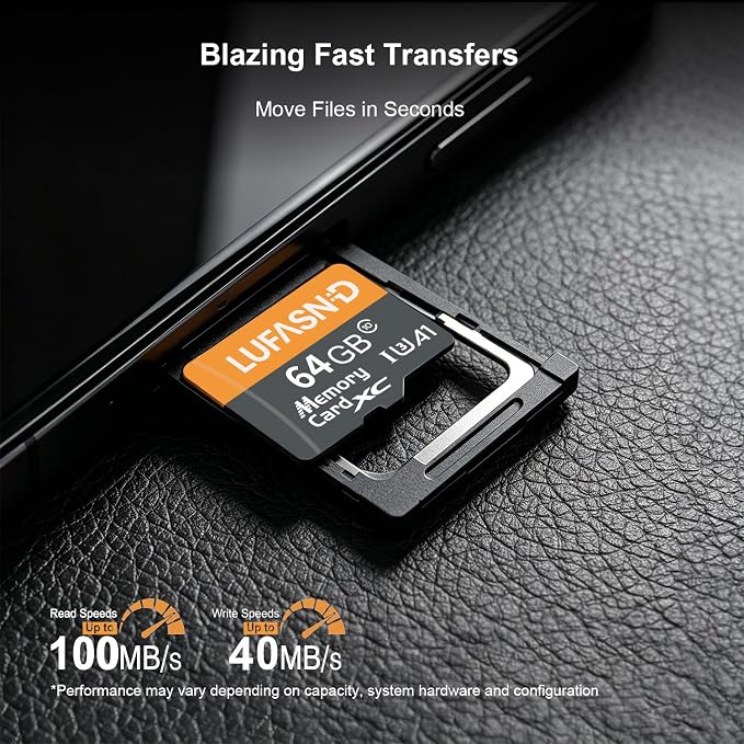 64GB Micro SD Card with Adapter, High Speed U3 C10 V30 SDXC Memory Card Up to