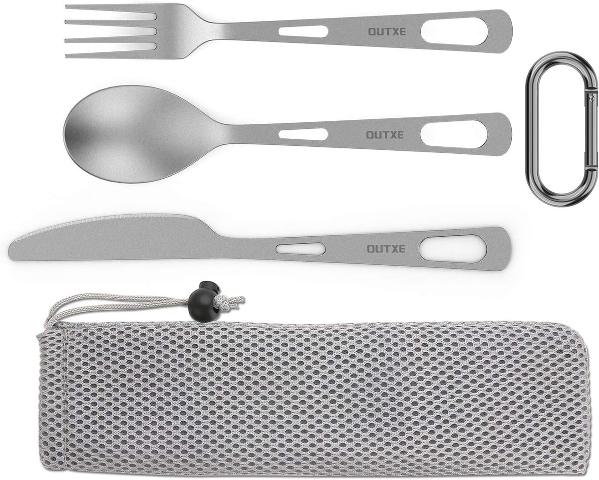OUTXE Titanium Flatware Set - Lightweight Camping Cutlery with Carrying Bag for Travel & Hiking