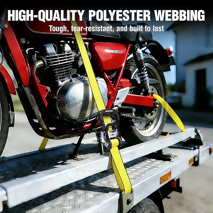 WORKPRO Ratchet Tie Down Straps, 2-Pack | 1.5" x 16' | 3300 lbs Break Strength Heavy Duty Ratchet Straps, Fits for Moving Appliances Motorcycle ATV Truck (Yellow)