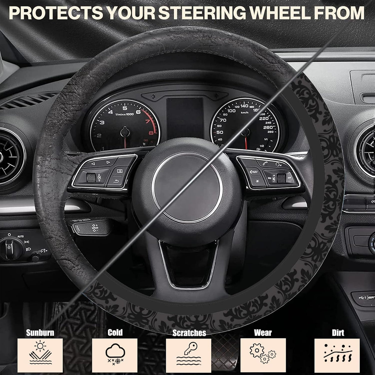 Vintage Black Floral Steering Wheel Covers Universal 15 Inch Car Wheel Cover,Anti-Slip Breathable Car Accessories Protector Fit for Trucks,Sedans,SUVs,Vans