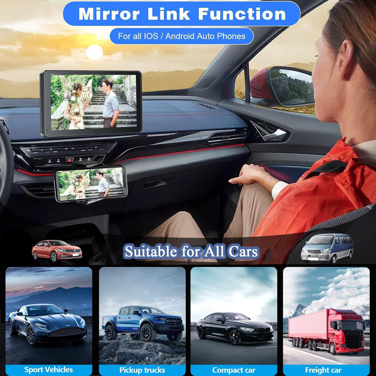 Portable Wireless with Apple CarPlay and Android Auto Screen for Car, 7" HD Touch Screen Car Stereo with Mirror Link, Bluetooth 5.2, Backup Camera, AUX,FM Transmitter for All Vehicle