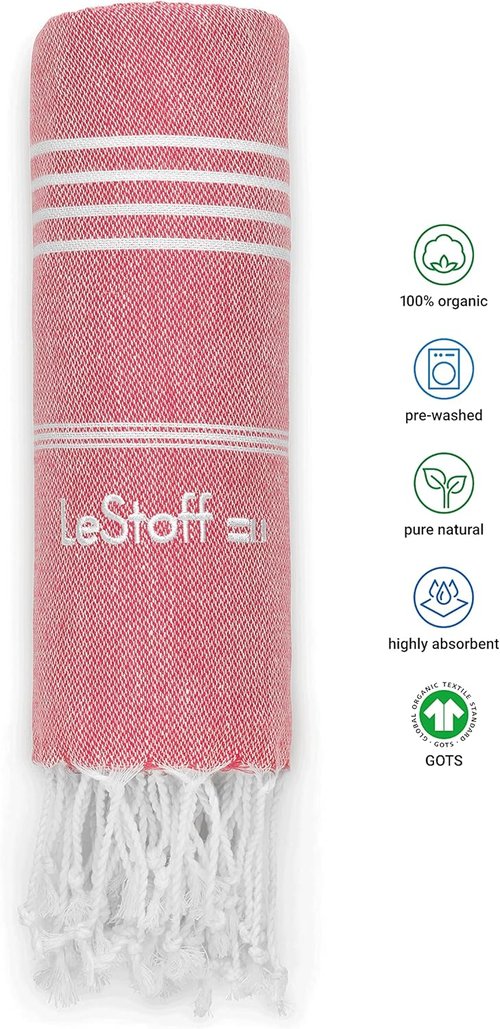 LeStoff Turkish Beach Towel - 100% Organic Cotton, Soft & Absorbent, Quick Drying - 38"x71", Eco-Friendly (Red)