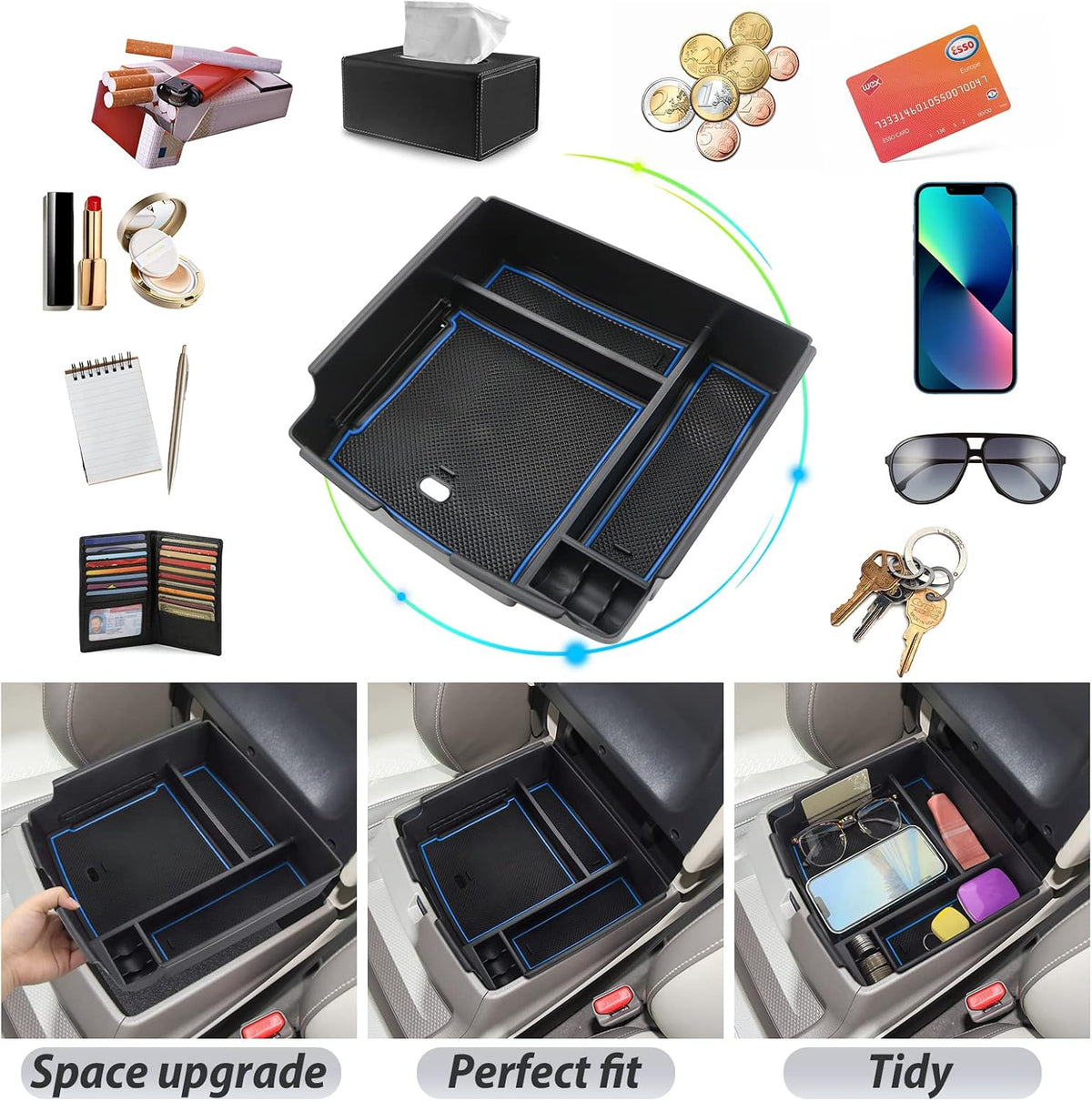 SKTU for 2022-2026 2027 Kia Carnival Center Console Organizer 2022-2025 2026 2027 Carnival Accessories Insert ABS Materials Tray 2024 2025 2026 2027 Carnival Console Tray with Coin and USB Hole (Blue)