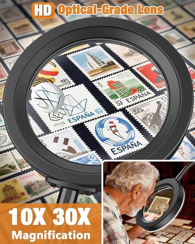 30X 10X Magnifying Glass with Light and Stand, 5 Color Modes Stepless Dimmable