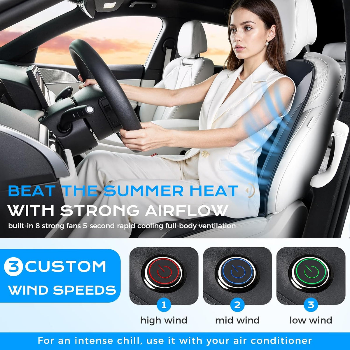 Coverado Upgraded Cooling Car Seat Cushion 8 Turbo Fans Ventilated Cooling Seat Cover 3 Adjustable Wind Speeds Long Lasting Coolness Summer Driving Universal Fit for Car SUV Truck Gray
