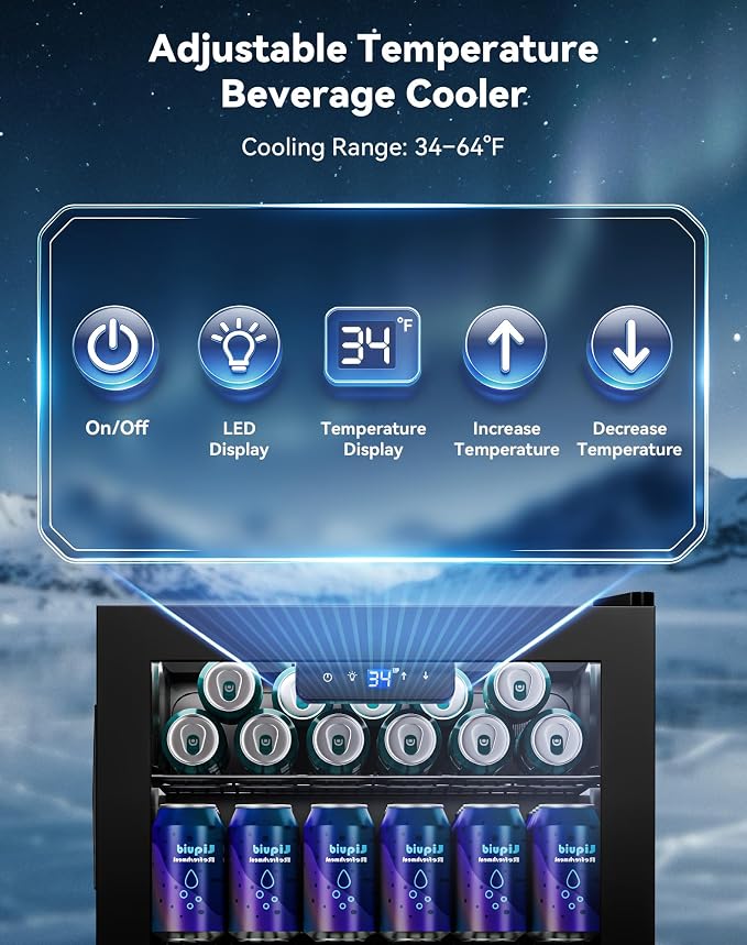 3.2 Cuft Beverage Fridge, 130 Can Mini Fridge With Glass Door, Black | Adjustable Shelves for Wine & Beer, Digital Temp Display, Freestanding for Home & Office, Quiet Compressor Cooling