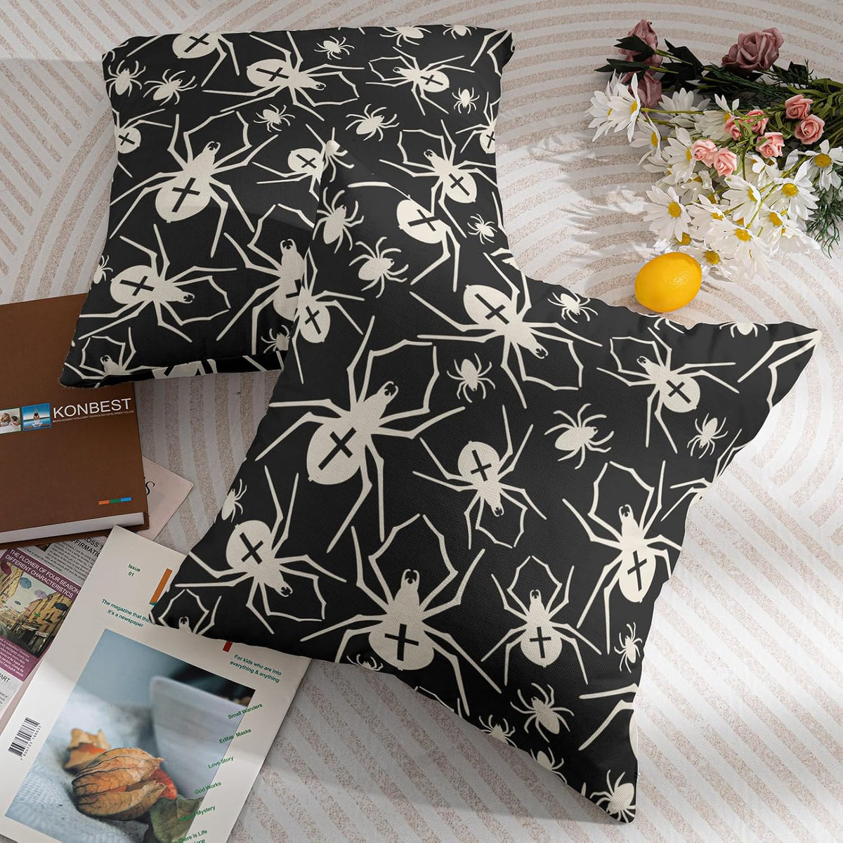 Black Halloween Pillow Covers 18x18 Set of 2 Cream Spider Print Outdoor Decorative Throw Pillows Holiday Scary Themed Farmhouse Pillowcases Linen Cushion Case Decor for Home Sofa Couch Bed