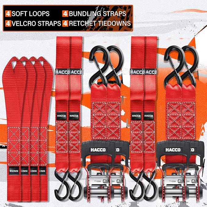 HACCOPLANET Ratchet Straps, 5280lb Break Strengeth, 1.6" Heavy Duty Ratchet Tie Down Strap Set w/Padded Handle, S Hook, Soft Loop for UTV Motorcycle Truck Cargo Straps (Red, 16FT)