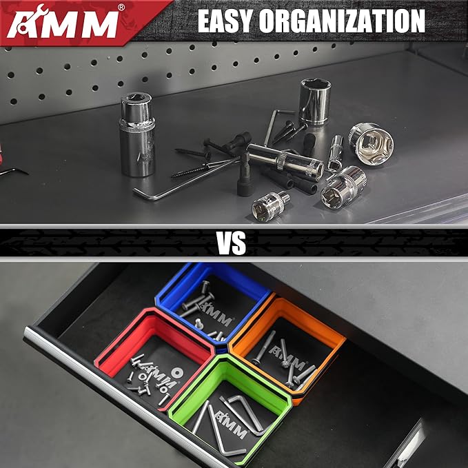 AMM Magnetic Tray, 4 PC Foldable Magnetic Tool Tray Set for Bolts Screws Nuts & Small Metal Parts, Mechanic Tool Present for Men, Red, Blue, Orange, Green, 4.5 Inch Square (4PC, Colorful)
