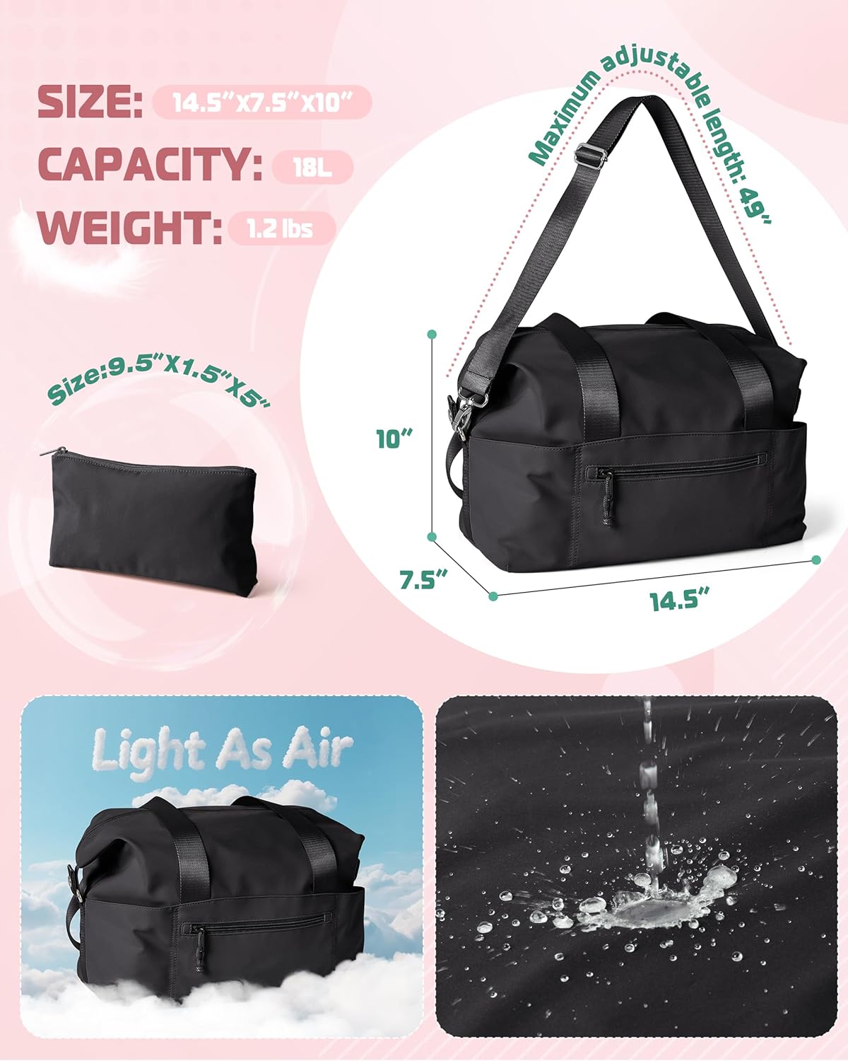 Smasrob Small Gym Bag - Yoga Mat Holder, Wet Pocket & Pouch | Black Duffle for Women with Crossbody Strap