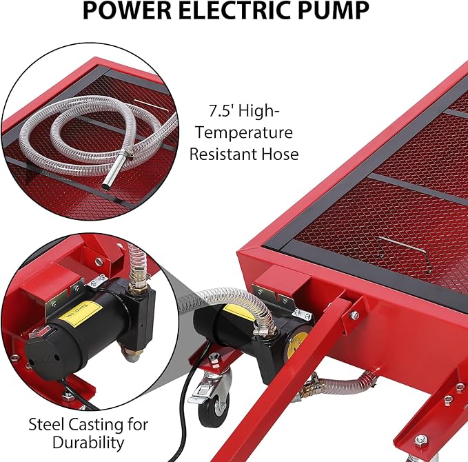 Oil Drain Pan, 20 Gallon Capacity, Rolling Oil Drain Pan with Electric Pump & 8 ft Hose, Leak-Proof & Corrosion-Resistant, Fit for Cars, SUVs, Trucks, Motorcycles, ATVs (Red, 20 Gallon-Electric)